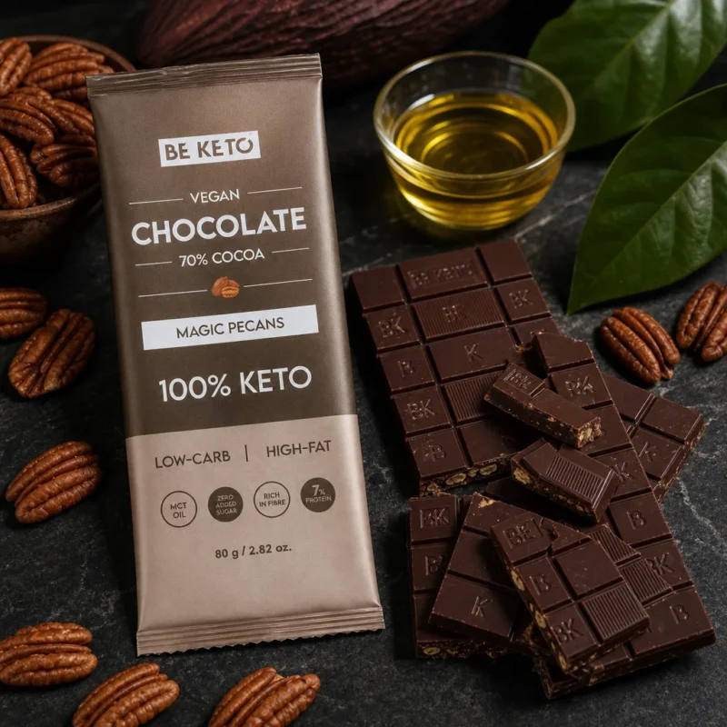 Chocolate Keto Vegano con MCT – Pecana 80g – Lifestyle 1 Chocolate keto vegano con mct – pecana 80g