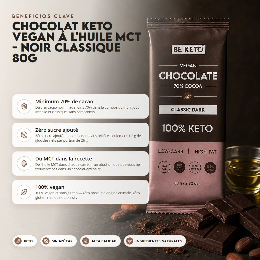 Chocolate Keto Vegano con MCT – Oscuro Clásico 80g