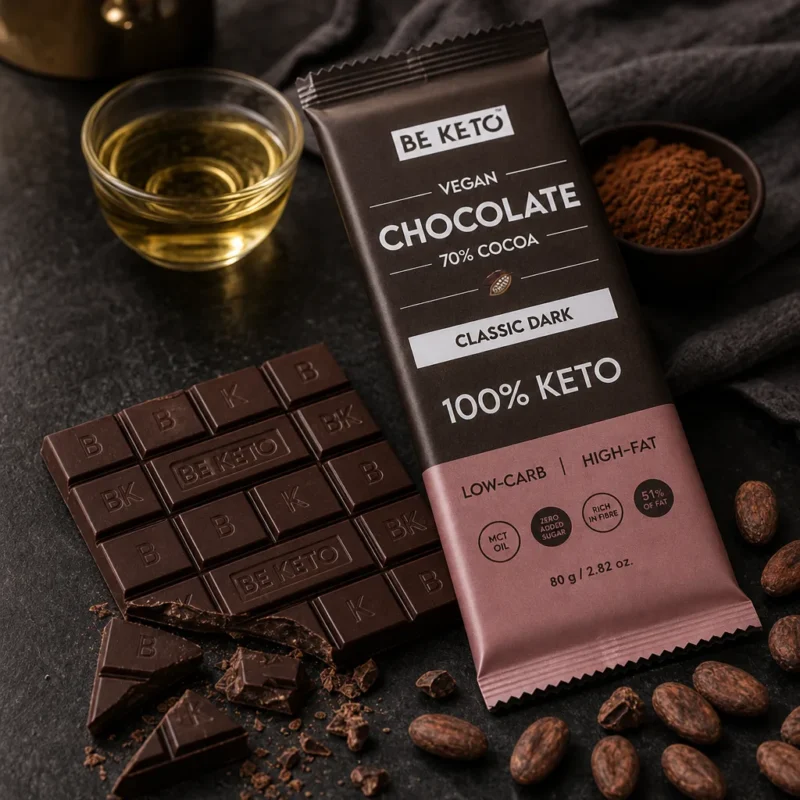 Chocolate Keto Vegano con MCT – Oscuro Clásico 80g – Lifestyle 1 Chocolate keto vegano con mct – oscuro clásico 80g