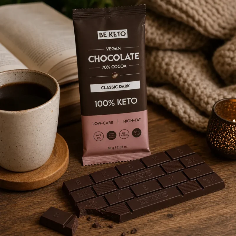 Chocolate Keto Vegano con MCT – Oscuro Clásico 80g – Lifestyle 3 Chocolate keto vegano con mct – oscuro clásico 80g