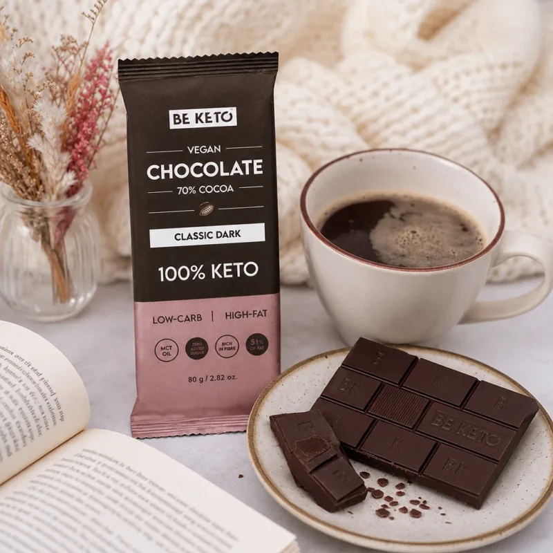 Chocolate Keto Vegano con MCT – Oscuro Clásico 80g – Lifestyle 4 Chocolate keto vegano con mct – oscuro clásico 80g