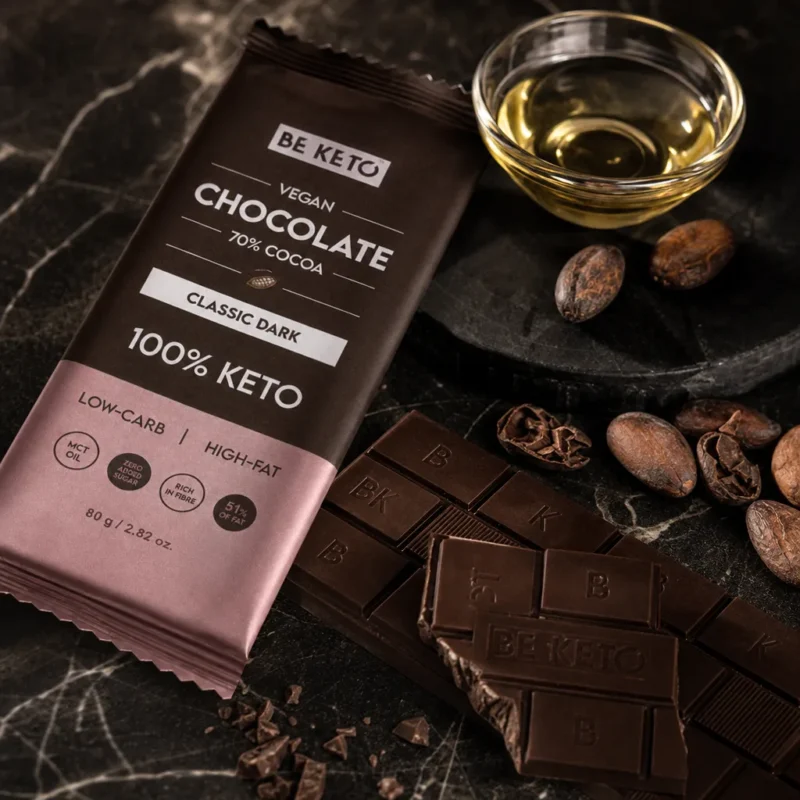 Chocolate Keto Vegano con MCT – Oscuro Clásico 80g – Lifestyle 5 Chocolate keto vegano con mct – oscuro clásico 80g
