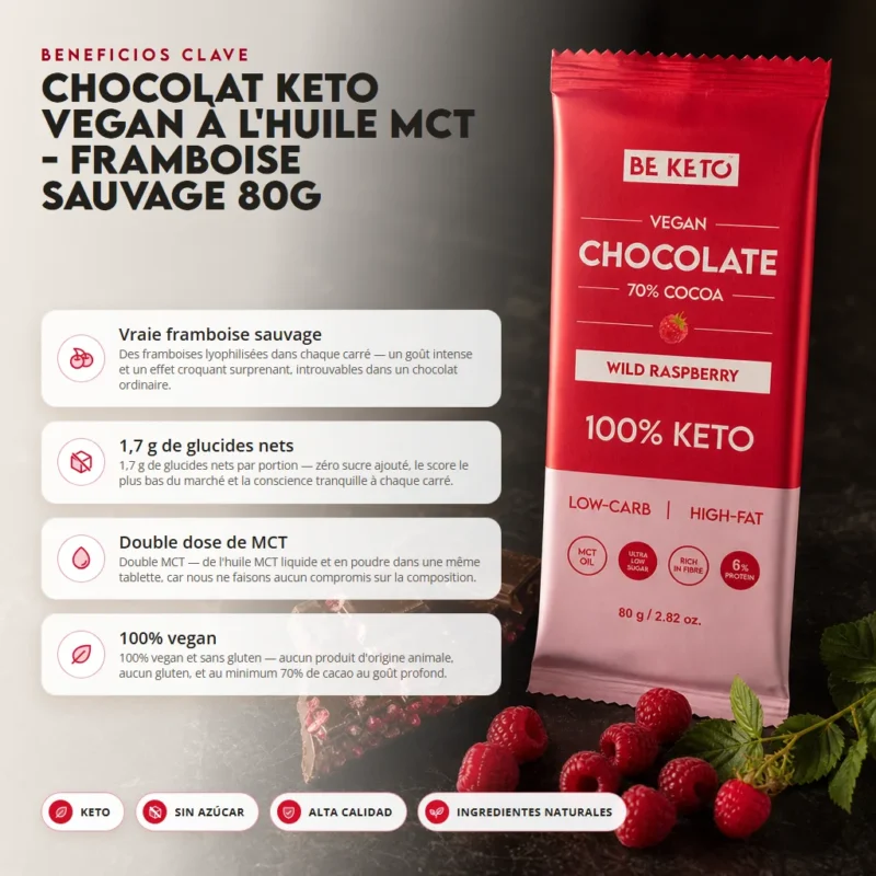 Chocolate Keto Vegano con MCT – Frambuesa Silvestre 80g – Benefit Chocolate keto vegano con mct – frambuesa silvestre 80g
