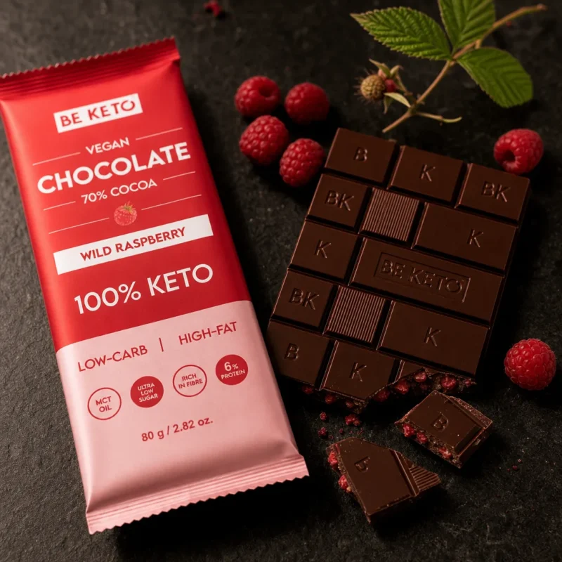 Chocolate Keto Vegano con MCT – Frambuesa Silvestre 80g – Lifestyle 2 Chocolate keto vegano con mct – frambuesa silvestre 80g