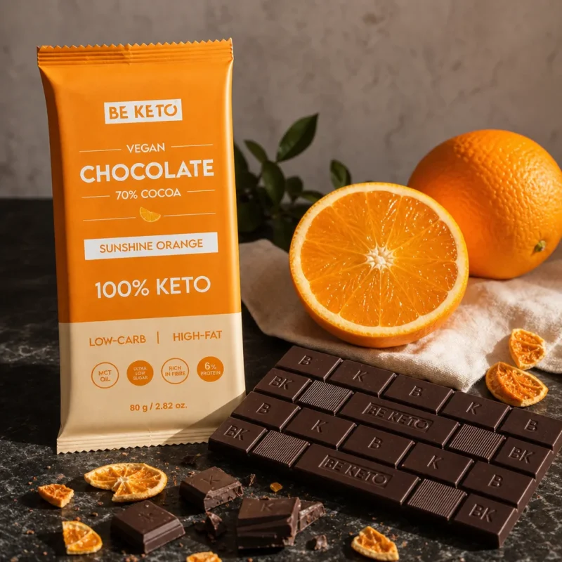 Chocolate Keto Vegano con MCT – Naranja Solar 80g – Lifestyle 1 Chocolate keto vegano con mct – naranja solar 80g