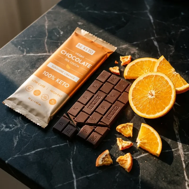 Chocolate Keto Vegano con MCT – Naranja Solar 80g – Lifestyle 2 Chocolate keto vegano con mct – naranja solar 80g