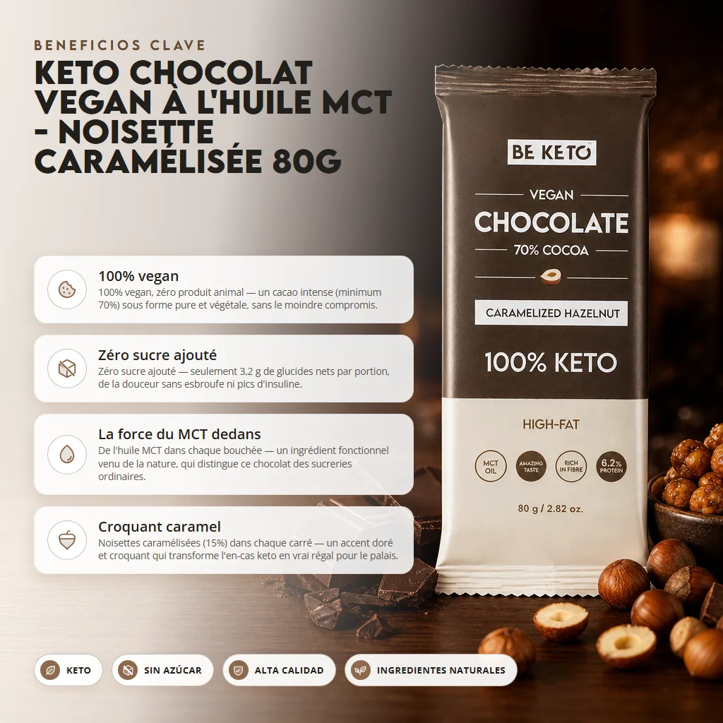 Chocolate Keto Vegano con MCT – Avellana Caramelizada 80g