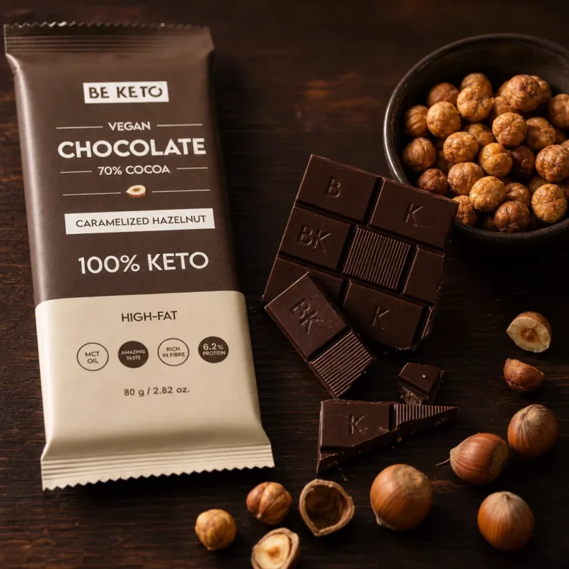 Chocolate keto vegano con mct – avellana caramelizada 80g