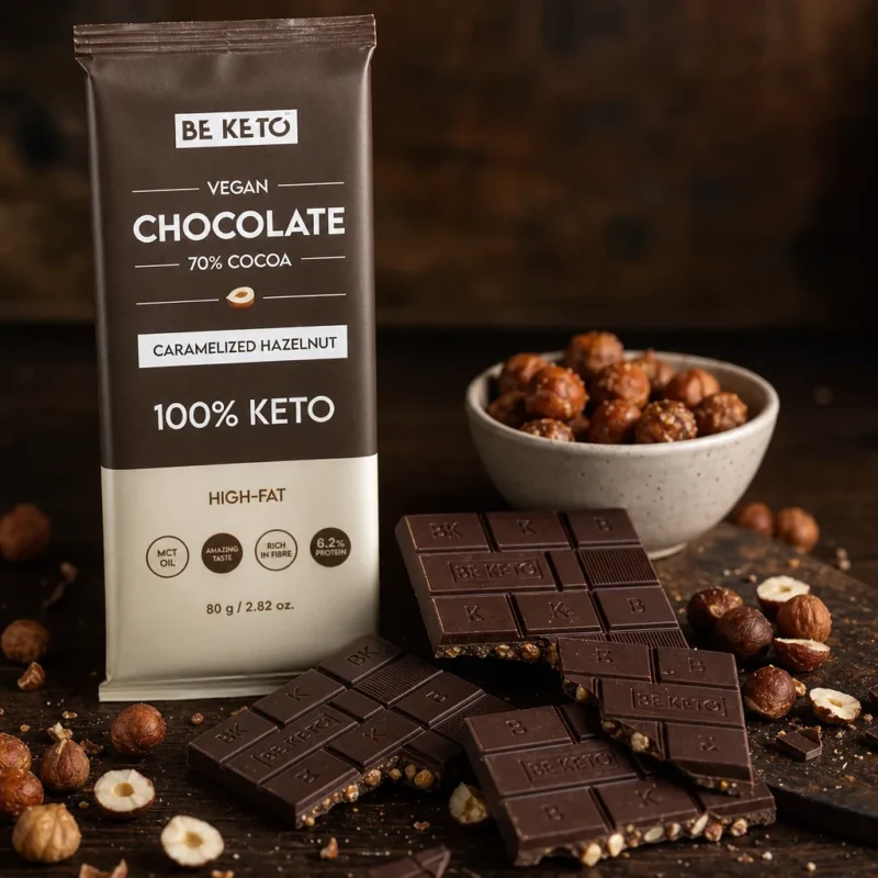 Chocolate keto vegano con mct – avellana caramelizada 80g