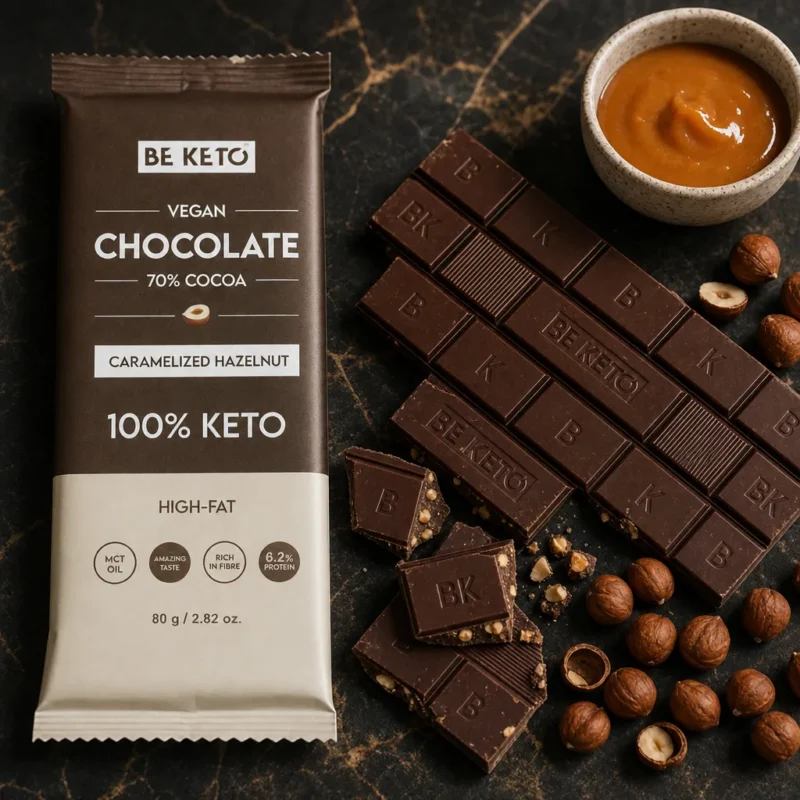 Chocolate keto vegano con mct – avellana caramelizada 80g