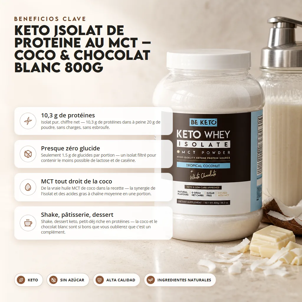 Proteína Keto con MCT – Coco y Chocolate Blanco 800g