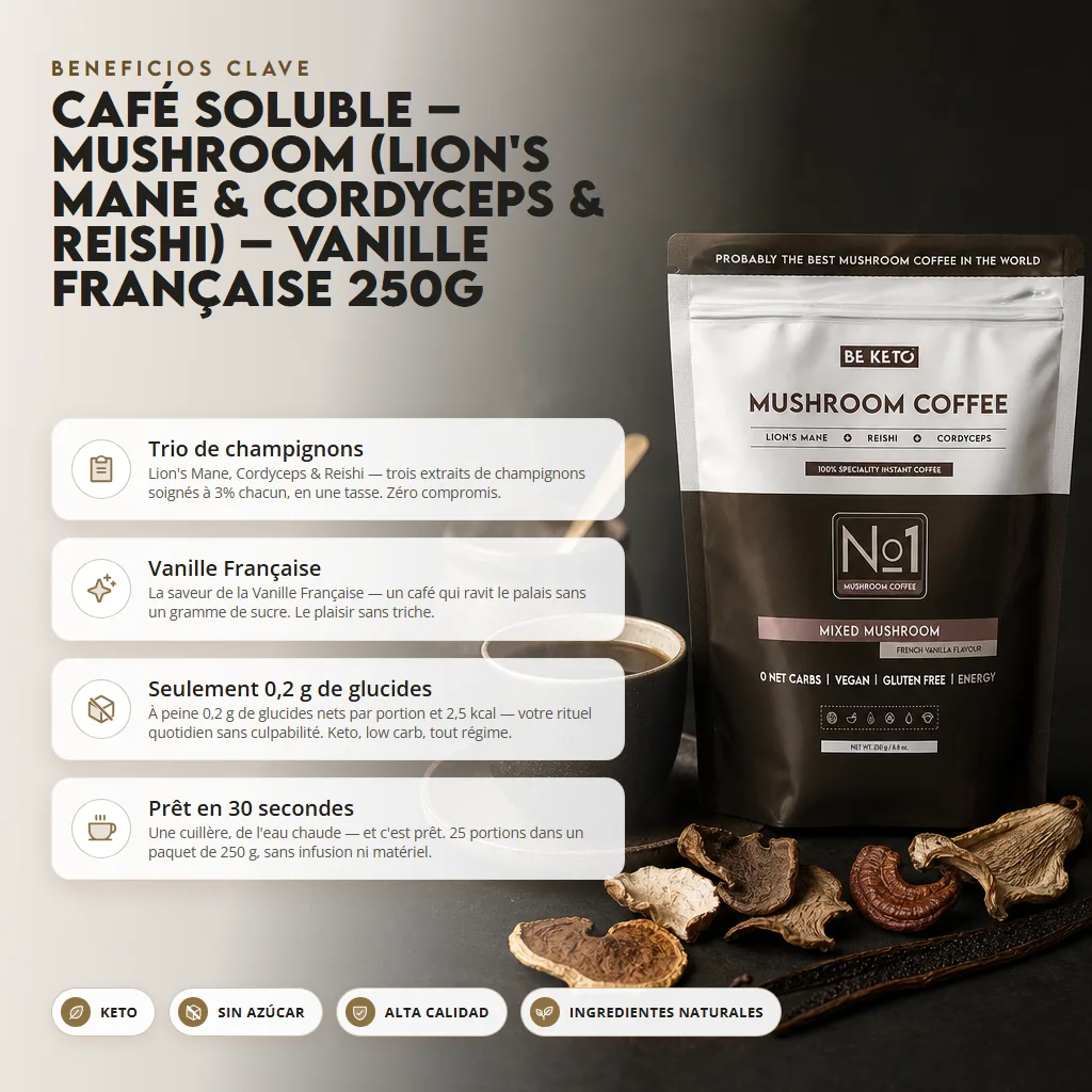 Café con Adaptógenos – Mushroom (Lion’s Mane, Cordyceps y Reishi) – Vainilla Francesa 250g