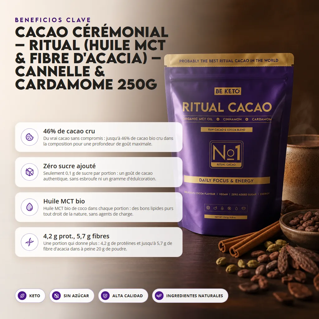 Cacao Ceremonial – Ritual (Aceite MCT & Fibra de Acacia) – Canela & Cardamomo 250g