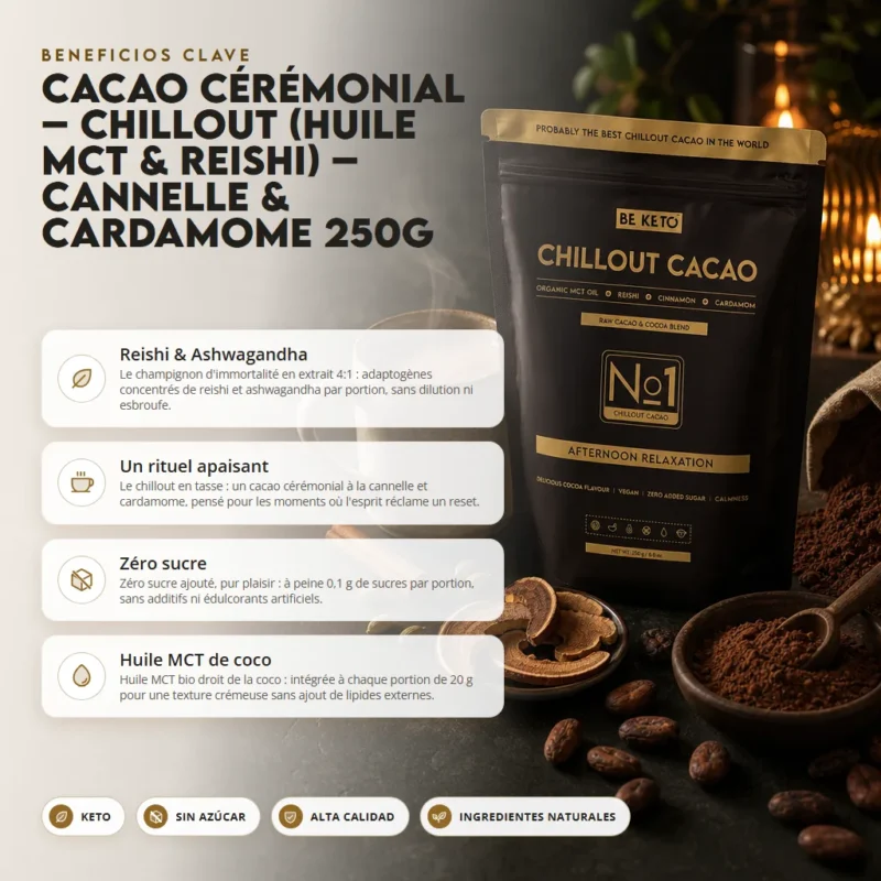 Cacao Ceremonial – Chillout (Aceite MCT & Reishi) – Canela & Cardamomo 250g – Benefit Cacao ceremonial – chillout (aceite mct & reishi) – canela & cardamomo 250g