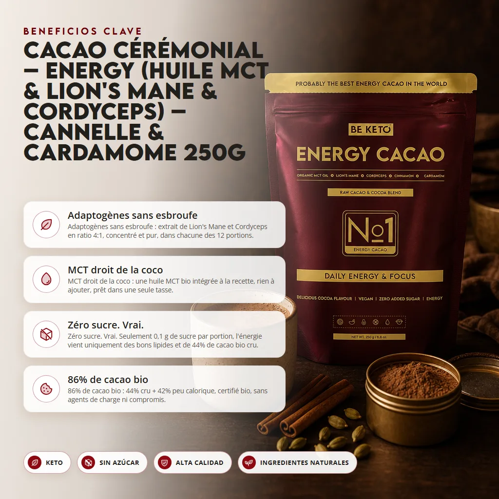 Cacao Ceremonial – Energy (Aceite MCT & Lion’s Mane & Cordyceps) – Canela & Cardamomo 250g