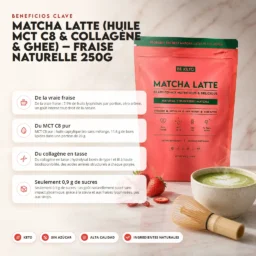 Matcha Latte (Aceite MCT C8 & Colágeno & Ghee) – Fresa Natural 250g – Benefit Matcha latte (aceite mct c8 & colágeno & ghee) – fresa natural 250g
