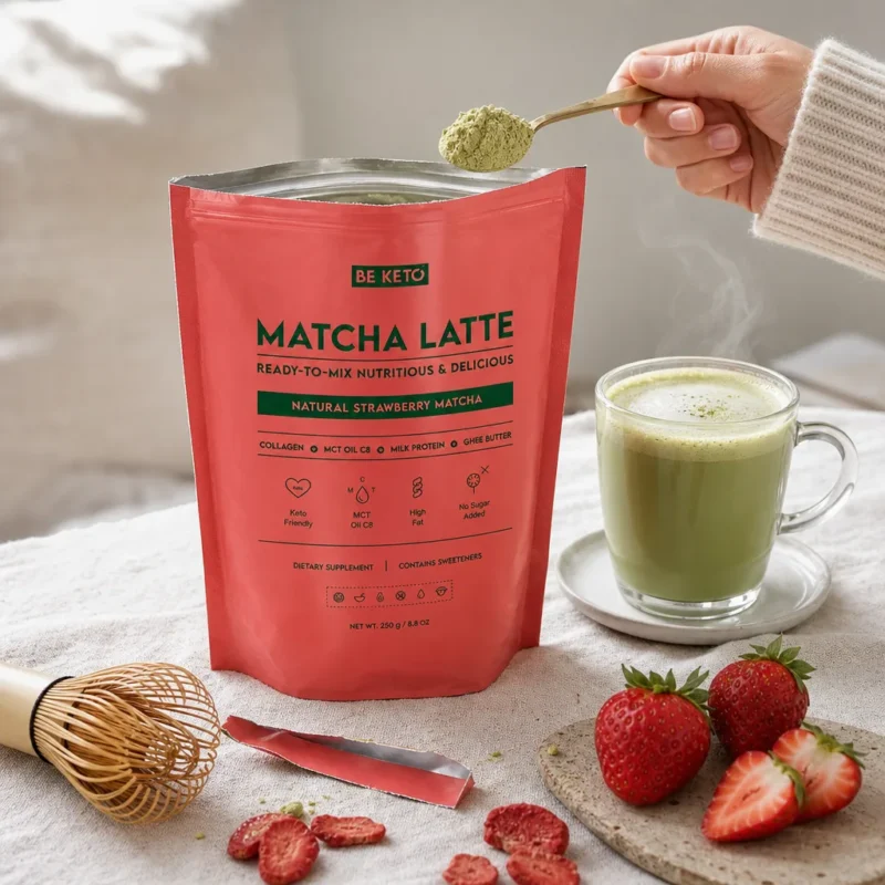 Matcha Latte (Aceite MCT C8 & Colágeno & Ghee) – Fresa Natural 250g – Lifestyle 1 Matcha latte (aceite mct c8 & colágeno & ghee) – fresa natural 250g