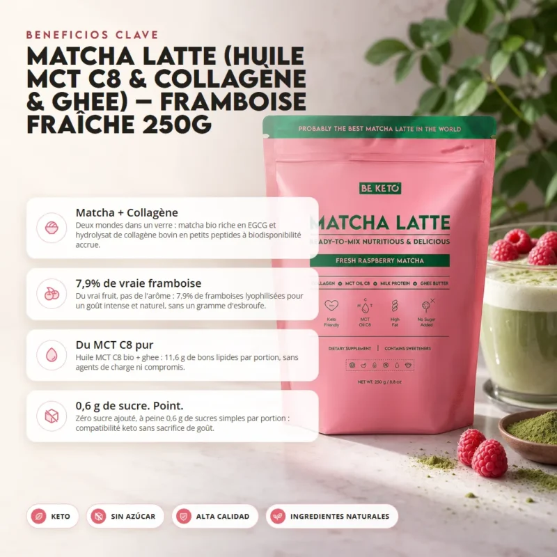 Matcha Latte (Aceite MCT C8 & Colágeno & Ghee) – Frambuesa Fresca 250g – Benefit Matcha latte (aceite mct c8 & colágeno & ghee) – frambuesa fresca 250g