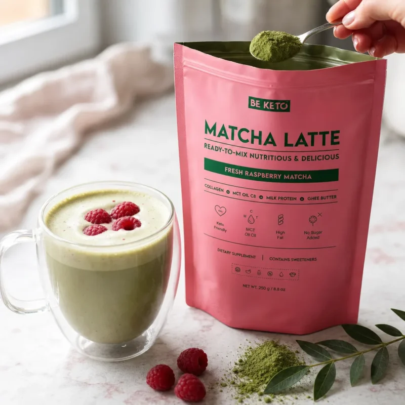 Matcha Latte (Aceite MCT C8 & Colágeno & Ghee) – Frambuesa Fresca 250g – Lifestyle 1 Matcha latte (aceite mct c8 & colágeno & ghee) – frambuesa fresca 250g