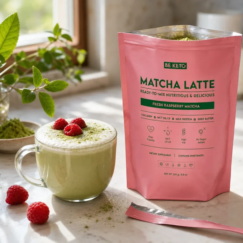 Matcha Latte (Aceite MCT C8 & Colágeno & Ghee) – Frambuesa Fresca 250g – Lifestyle 2 Matcha latte (aceite mct c8 & colágeno & ghee) – frambuesa fresca 250g