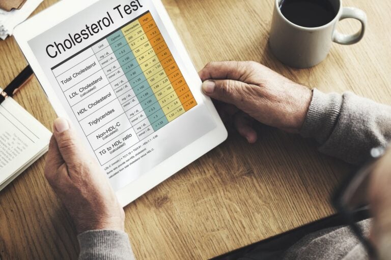 Manos que sostienen una tableta con los resultados de un análisis de colesterol, junto a una taza de café